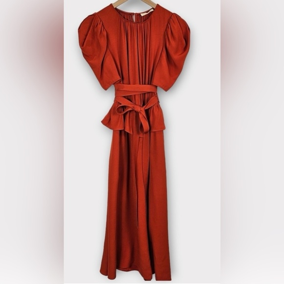 Ulla Johnson, Marion Puff-Sleeve Belted Peplum Midi Dress In Noir Red Size 6 - Picture 8 of 10